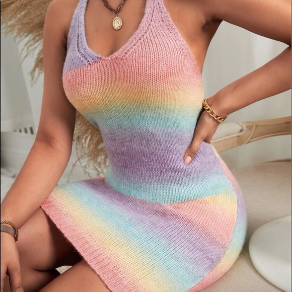None Dresses & Skirts - Festival Rainbow Ombre Tie Back Halter Bodycon cutout halter Sweater Dress Large